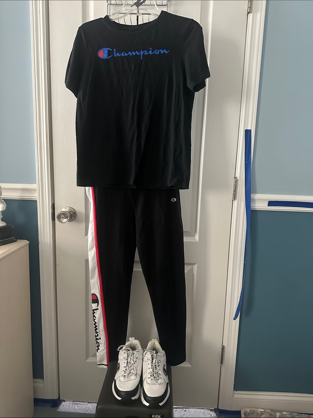 Champion Black Track Joggers with White & Red Side Stripe bundle with sneakers